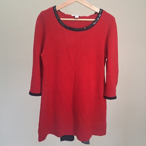 Style & Co Red White Black Sequin Trim Knit Sweater Dress & Scarf Set - Size P/L - Picture 6 of 16